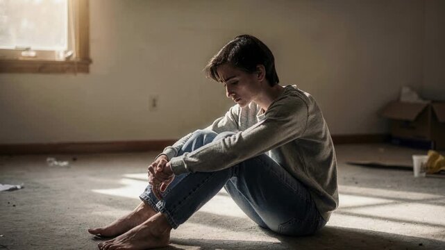Contemplative Young Person Sitting in an Empty Room