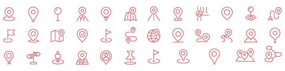 Navigation and location pin icons set, GPS map pointer, global direction symbols, tracking route design, editable stroke line art