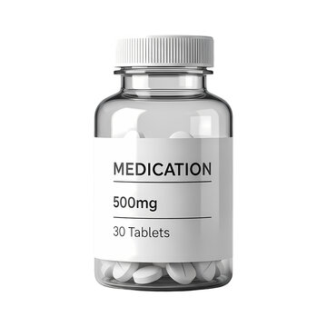 A clear glass bottle containing 30 white tablets labeled 'medication 500mg' with a white cap on transparent background