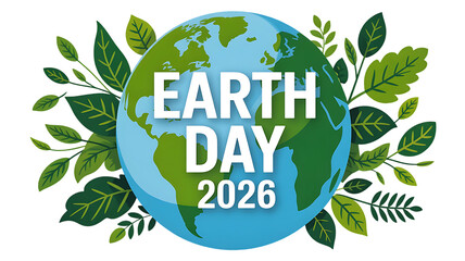 Earth day 2026 globe with leaves isolated on transparent background