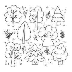 Tree doodle set. Vector set, linear illustration.