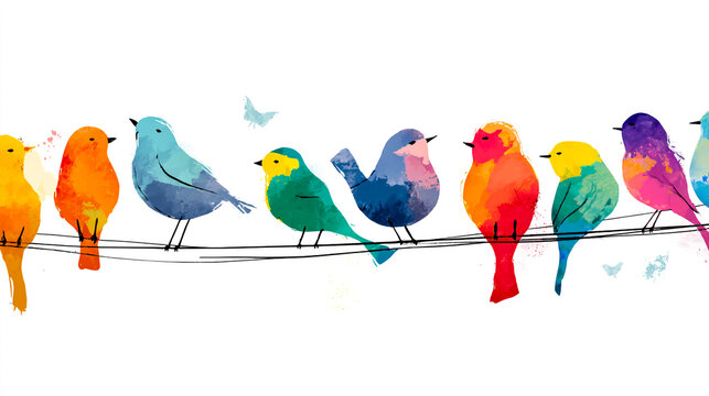 Colorful birds perched on branches in the style of a minimalist illustrator