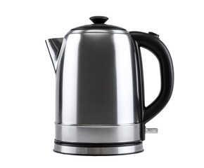 Obraz premium Modern brushed stainless steel electric kettle with a black handle and lid, a contemporary kitchen appliance for heating water, shown in a clean studio product shot