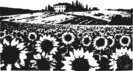 Fototapeta premium Sunflower field with farmhouse and rolling hills in countryside landscape silhouette design