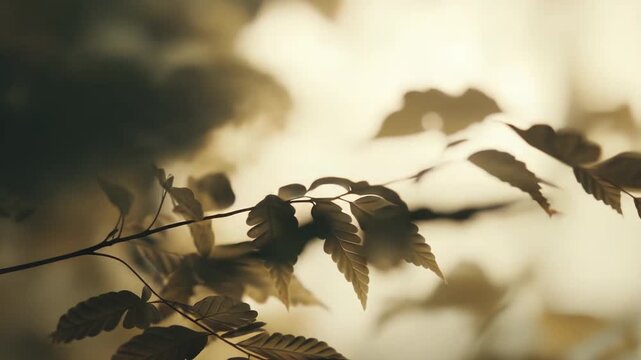 Delicate tree foliage on a sunlit branch, soft morning light creating a warm, tranquil background with gentle bokehideal for seasonal, nature or eco themed designs