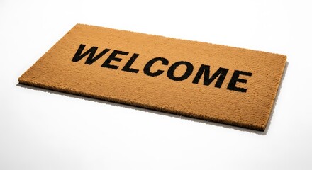 Welcome mat with bold lettering sits on a white background.