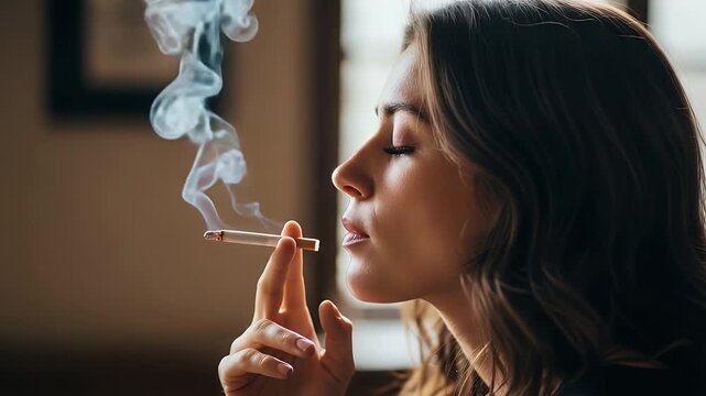 portrait of a woman smoking indoors with cigarette and curling smoke