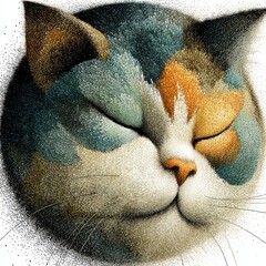 Round cat with sleepy eyes, stylized creature on white background
