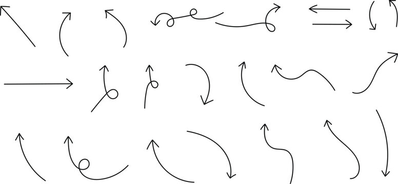 A collection of various hand drawn arrows and curved pointers in different directions and styles on a plain white background for graphic design