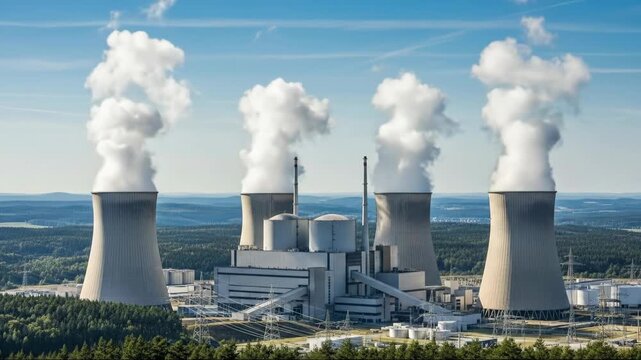 Majestic power plant cooling towers emitting steam amidst scenic landscape at sunrise