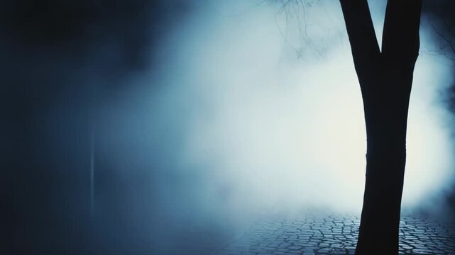 Dark street scene finding an empty cobblestone path with dense, blue tinged atmospheric fog swirling around a silhouetted tree trunk at night, creating an eerie and mysterious ambiance