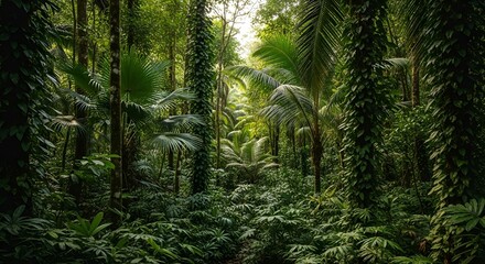 Fototapeta premium Green Rainforest with Tall Palm Trees