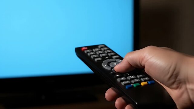 remote control in hand aimed at tv screen in a dim living room