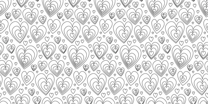 Seamless pattern with outline hearts in hand drawn decorative style. Love, festive, valentine's theme background. Vector illustration on transparent background.