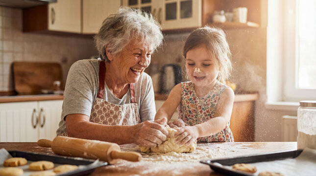 Grandmother and granddaughter baking cookies with flour mess laughing lifestyle family support generational connection love background copy space home kitchen leisure activity