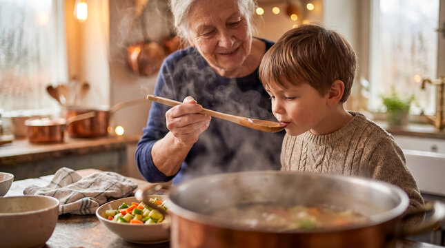 Grandmother and grandson cooking soup in kitchen tasting food family lifestyle love background copy space generational secret recipe domestic life