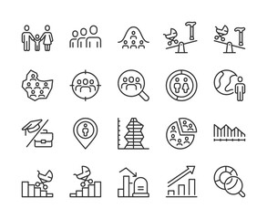 Demography and population analysis, icon set. Population structure, age group, gender distribution, birth rate, social statistic, census data, growth trend. Editable stroke