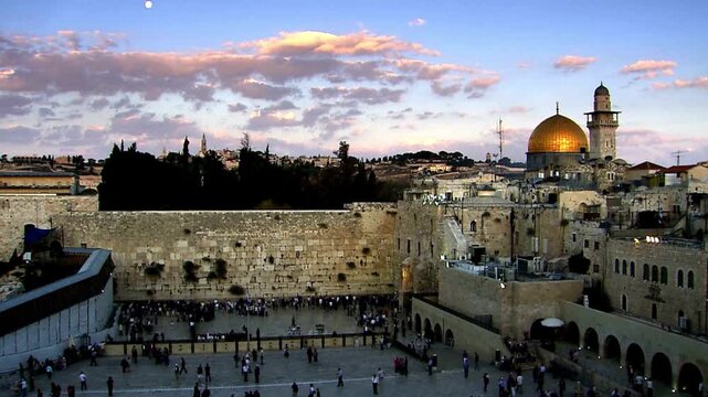 Mesmerizing View to Western Wall known at the Wailing Wall or Kotel in Jerusalem is a major Jewish sacred place, Old city and the Temple Mount, Dome of the Rock and Al Aqsa Mosque. Gaza peace