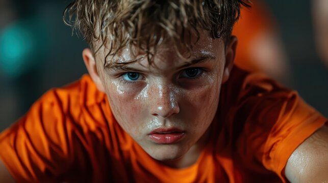 A focused young boy, drenched in sweat, pushes his limits while training, capturing the essence of determination and resilience in a competitive environment.