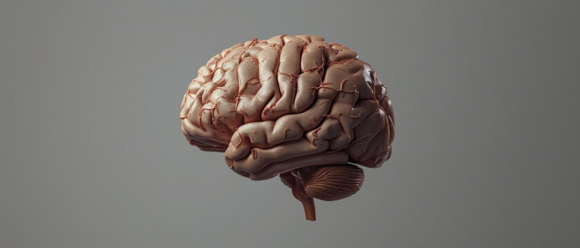 A three-dimensional visualisation of the brain with detailed convolutions is suitable as a background for medical presentations or educational materials on neuroscience.