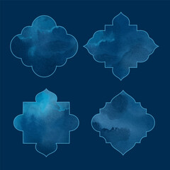 Collection of Islamic watercolor windows and arches in Oriental style. Dark night sky inside Arabic style window. Set of design elements. Ramadan Kareem window backgrounds