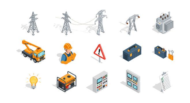 Isometric energy infrastructure set: power lines, workers, and equipment