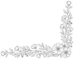 Elegant floral border design with hand drawn grey botanical elements on transparent background PNG