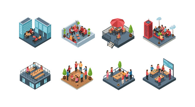 Isometric rooftop cafes and workspaces: people dining and collaborating outdoors