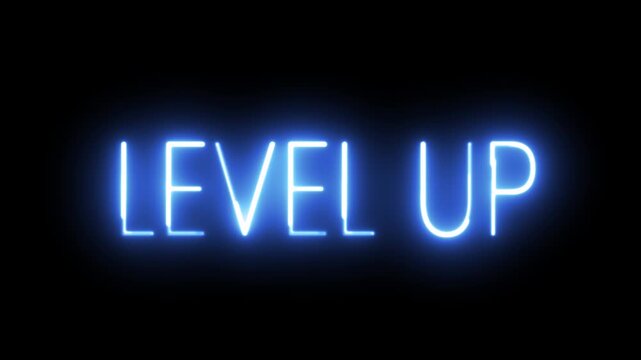 Level up neon sign. Level Up text font with neon light. Luminous and shimmering haze inside the letters of the text Level Up. 