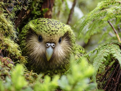 苔むした森の中でこちらを見つめる希少なカカポの愛らしい生態写真