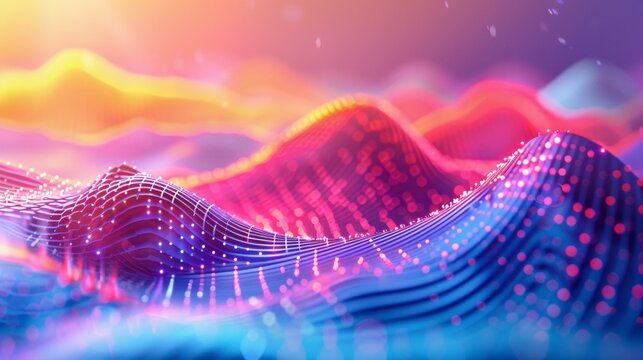 The wave-like glowing lines against the bright sunset symbolise the dynamics of the digital age, emphasising the beauty of technological progress without harming the environment, 