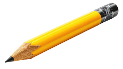 A sharp yellow wooden pencil with a graphite lead and eraser is isolated on a white background as an essential stationery tool for school, office writing, and art drawing