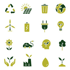 A set of modern linear eco icons designed in a minimalist green style.