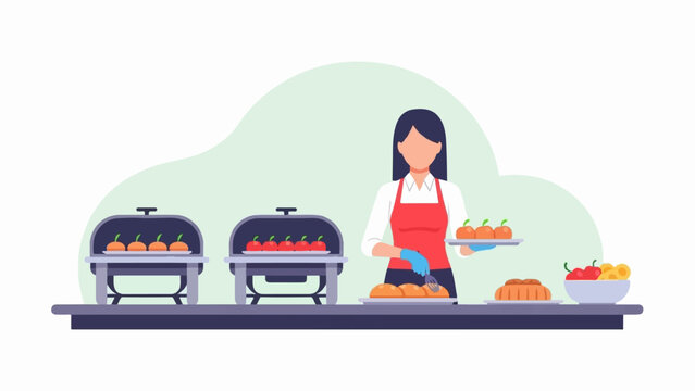 Caterer serving food from chafing dishes and presenting fruit