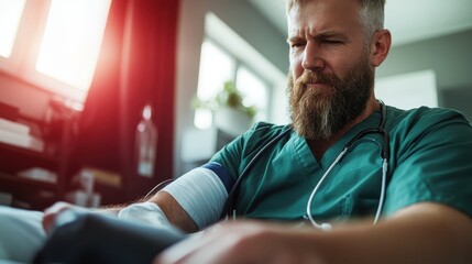 Fototapeta premium A dedicated male doctor taking a patient's blood pressure, showcasing professionalism and care, highlighting the importance of health and well-being in modern medicine.
