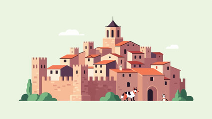 Cartoonish medieval village with towers, houses, and two dogs