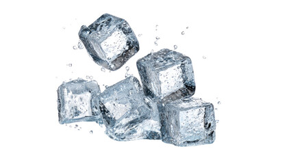 A collection of clear, frozen ice cubes with fresh water drops isolated on both black and white backgrounds, showcasing transparent blue light and cool liquid freshness in a solid square shape