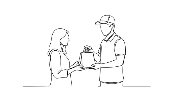 Single line art of delivery man carrying food bag minimalist vector illustration