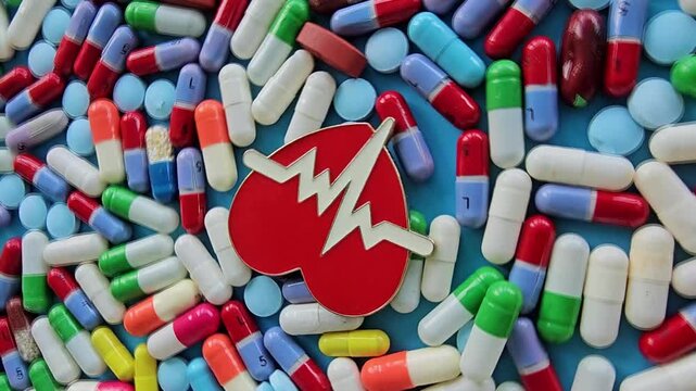 Heart shape symbol on colorful pills scattered on blue background showing importance of health and medication