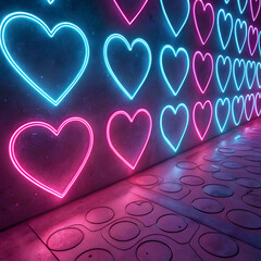 Vibrant Glowing Neon Pink and Blue Hearts on Concrete Wall