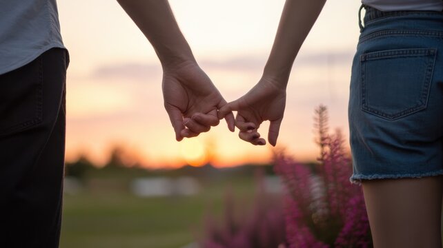 Boundless Love: A tender moment of connection as a couple's fingers interlock, symbolizing enduring love against a soft, sunset backdrop.