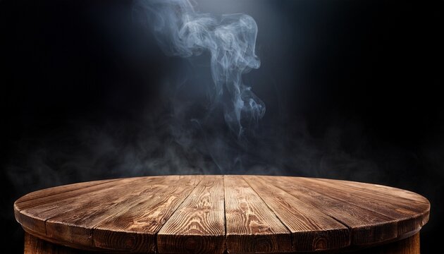Empty Old Circular Wooden Table With Smoke Float Up On Dark Background