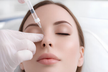 Naklejka premium close-up portrait of a young woman receiving non-surgical nose reshaping treatment with a cosmetic injection performed by a medical professional in a modern aesthetic clinic setting