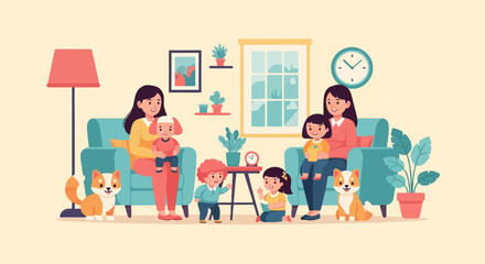 Fototapeta na wymiar Cheerful family and pets enjoying a cozy day at home together