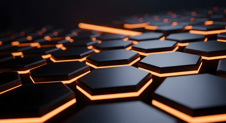 Obraz premium Stunning 3D render of a dark technological background featuring interconnected hexagonal tiles illuminated by vibrant neon orange light. Perfect for gaming, sci-fi design, data security concepts