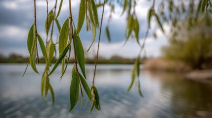 Fototapeta premium Tender willow branches with green leaves sway gently over tranquil water under a cloudy sky