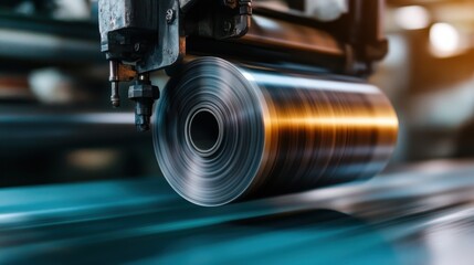 The image showcases a close-up of a rotating metal sheet being processed in an industrial machine, emphasizing the intricate details and motion of manufacturing machinery.