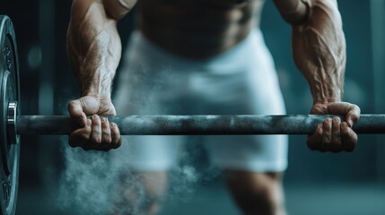 A close-up view of a muscular individual lifting a heavy barbell, emphasizing the strength and determination involved in weightlifting and fitness training.
