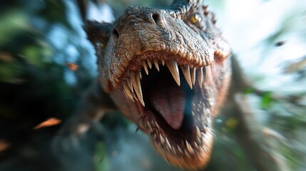 Fototapeta premium A terrifyingly realistic representation of a roarsome dinosaur surrounded by dense foliage captures the raw power and ferocity of prehistoric creatures in vivid detail.