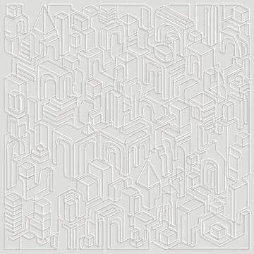 Seamless 3D embossed pattern of architectural geometric forms. Minimalist white on gray isometric textured composition with emboss textured arches, cubes and stairs in a continuous line art style.